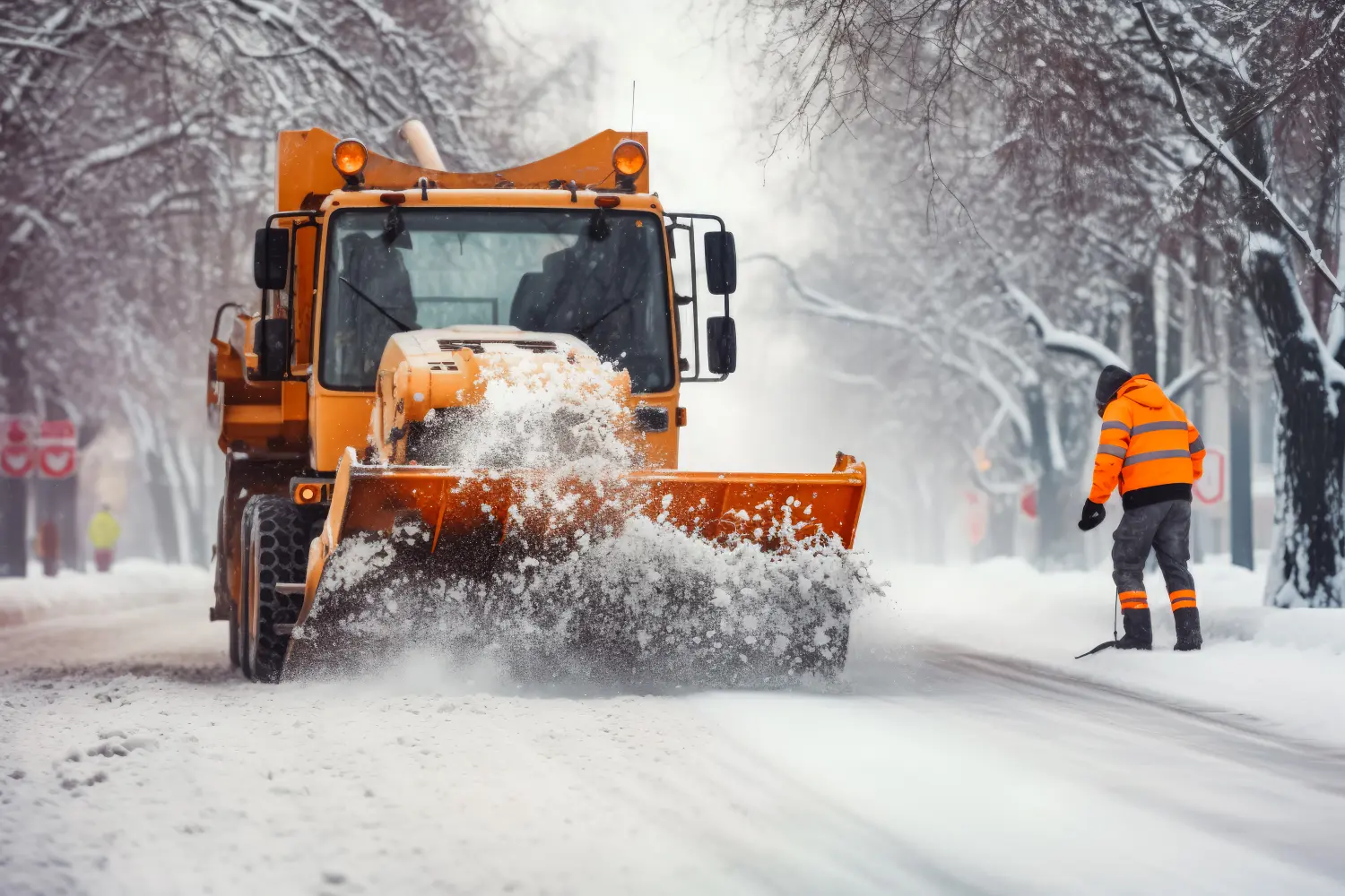 Streuen des Straßenwartungsfahrzeugs auf der Straße. Schneepflug-LKW auf verschneiter Straße. Verkehrssicherheit bei winterlichen Bedingungen.